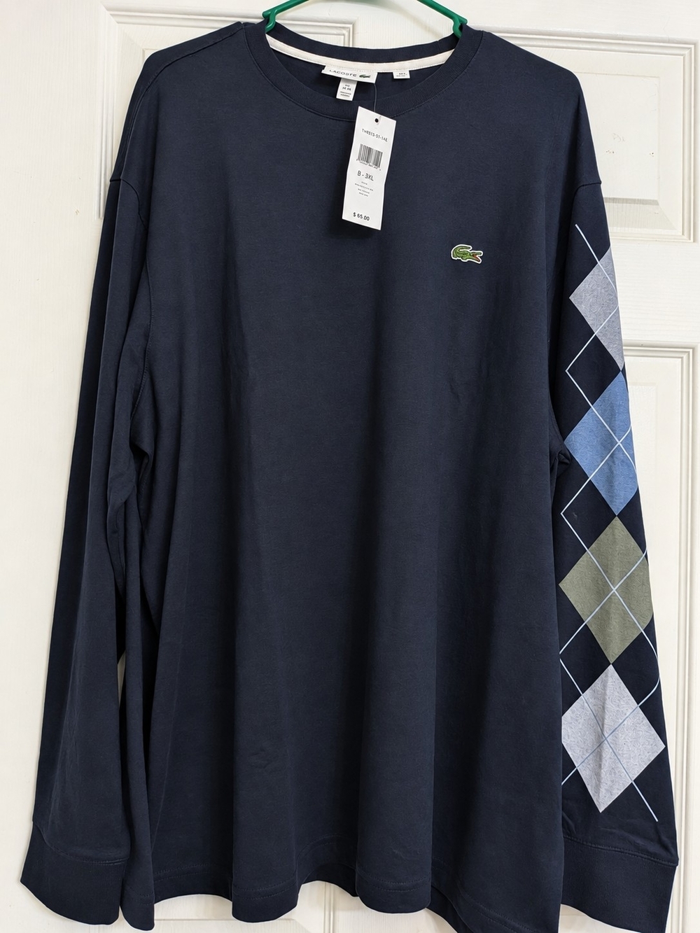 Lacoste Men’s 3XL Navy Argyle Sleeve Long Sleeve Shirt NWT